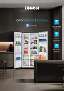 Nobel 700L Gross / 518 Capacity Side by Side Refrigerator, NoFrost, External Handle with Water Dispenser, LED Light, Twist Ice Maker, Digital Display,Interior Lights, Automatic NR620WDI Silver
