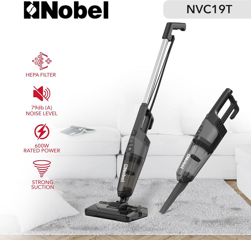 Nobel 2 in 1 Handheld Stick Vacuum Cleaner, Lightweight, Powerful Suction 600W 18 kPa Vacuum, 18 L/s Airflow, 20% Max Efficiency with Hepa Filter & 0.6L Dust Tank Capacity NVC19T Back