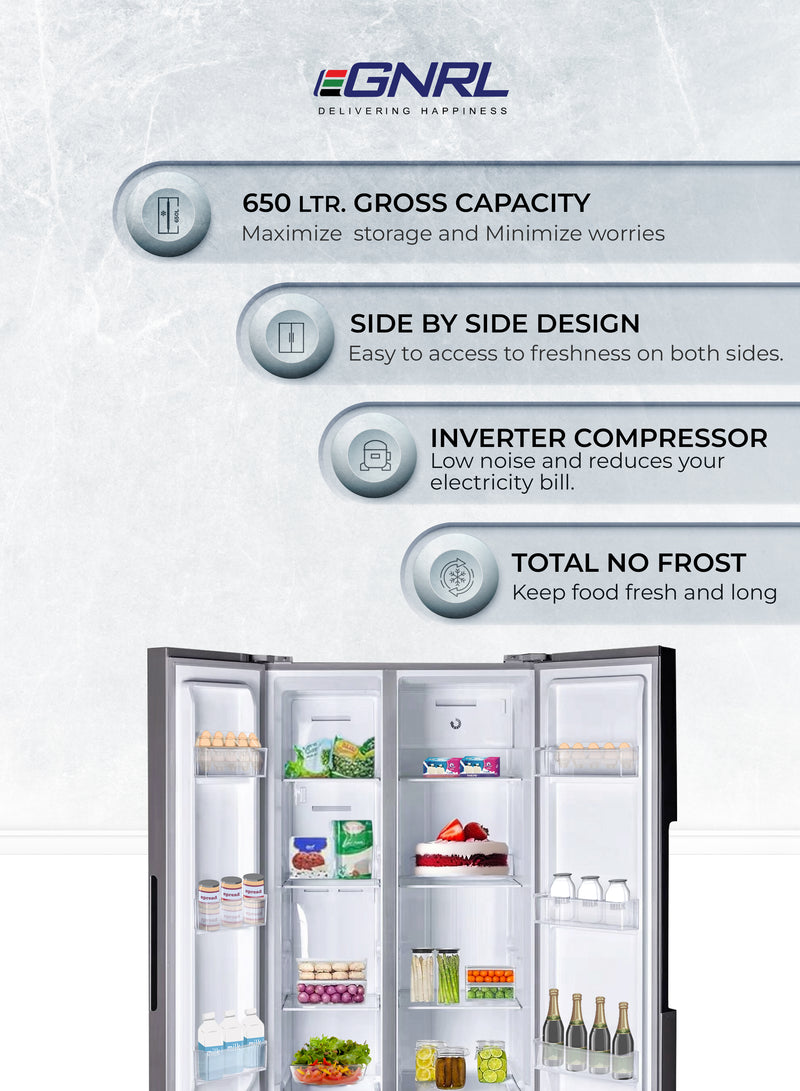 650 Liters Side By Side Inverter Based Refrigerator-Freezer ‎With Digital Control And Temperature Display, No-Frost, LED-light EGR820S Inox