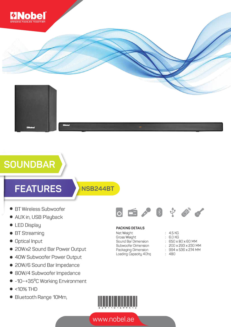 NOBEL Bluetooth Speaker Sound Bar Black NSB244BT