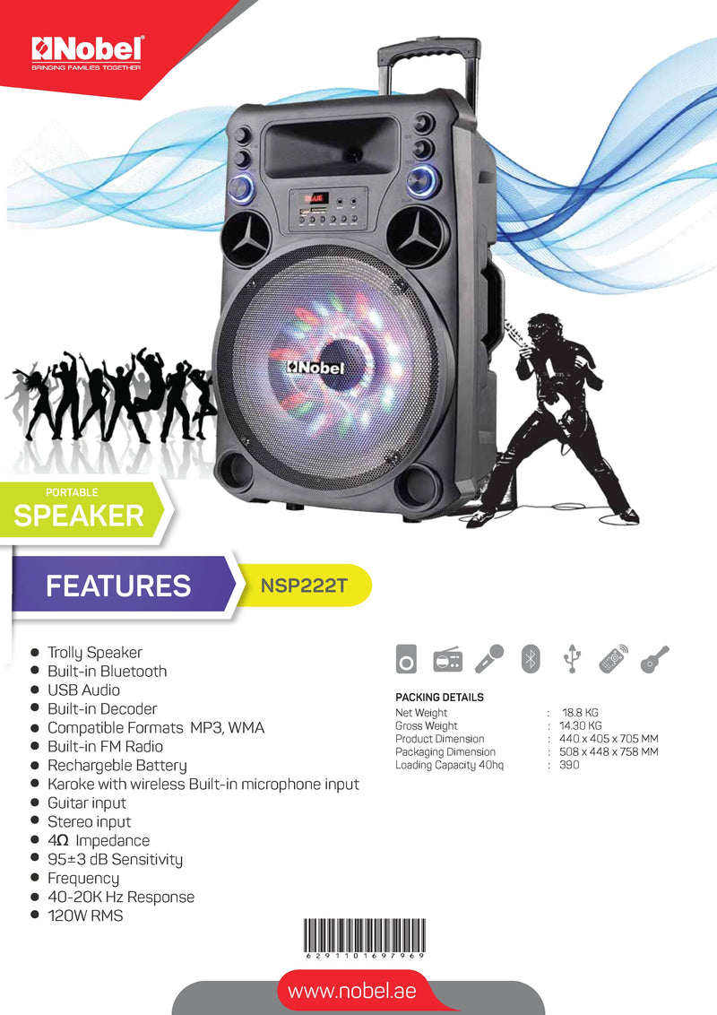 NOBEL Trolley Bluetooth Speaker Black 120W RMS NSP222T