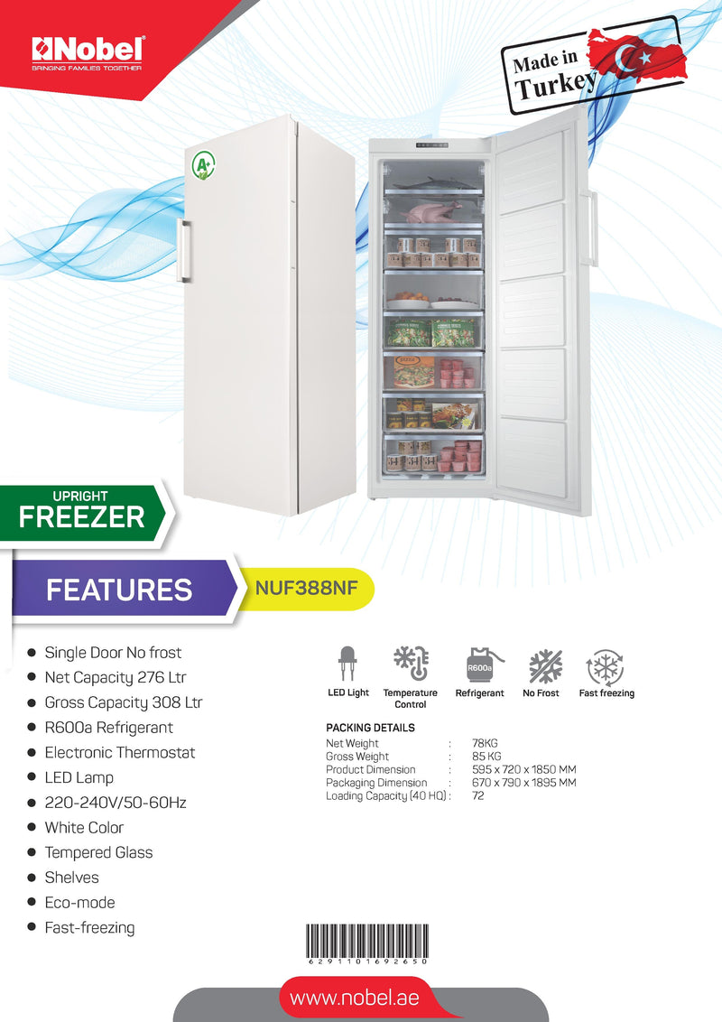 Nobel Upright Freezer White 308 Litres 8 Drawers R600A NUF388NF