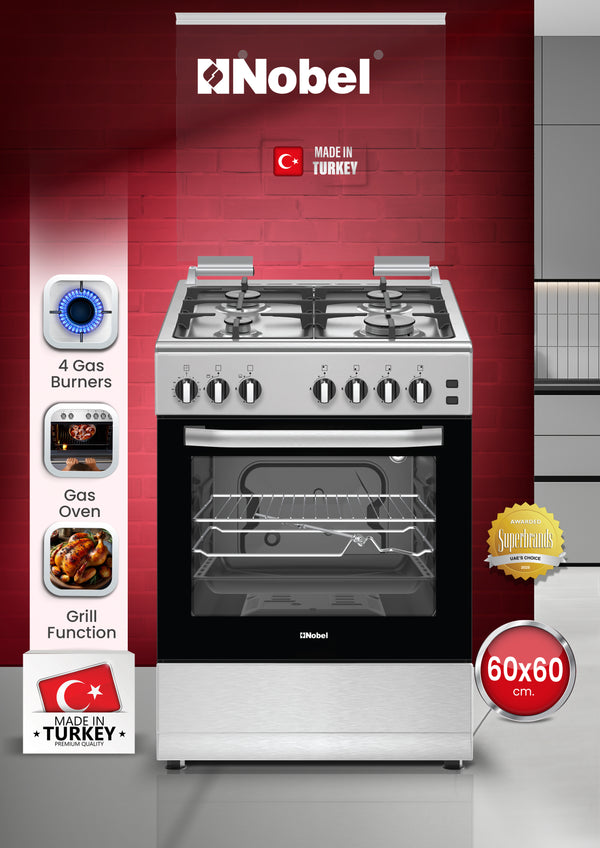 Nobel 60x60 Free Standing Gas Cooker with Gas Oven & Grill – 4 Gas Burners, Full Safety, Mechanical Timer, Rotisserie, Cast-Iron Pan Supports, Stainless Steel Finish – Made in Turkey NGC6062 Silver