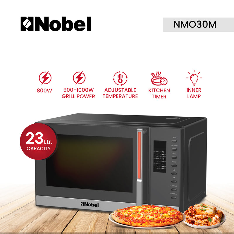 Nobel 23 Liters Microwave Oven Button Control, 60mins Setting Time, 5 Power Levels, Cooking End Signal, Defrost Setting with 2 Year Warranty NMO30D Black