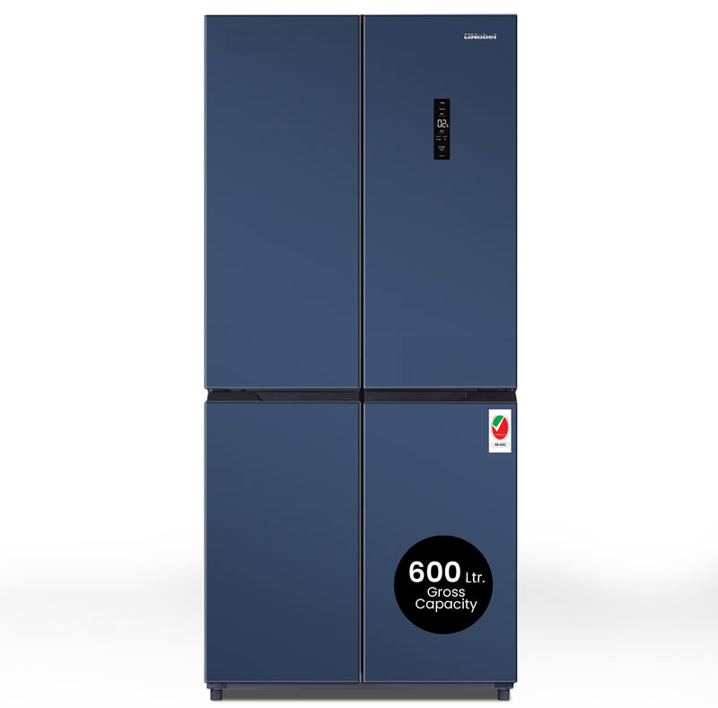 Nobel 445 Gross Ltr French Four Door Bottom Freezer Refrigerator, No Frost, Inverter, Tropical Cooling, Digital Display, R600a, 4 Star Esma, 83 x 65 x185.5 cm Blue NR640