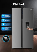 Nobel 700L Gross / 518 Capacity Side by Side Refrigerator, NoFrost, External Handle with Water Dispenser, LED Light, Twist Ice Maker, Digital Display,Interior Lights, Automatic NR620WDI Silver