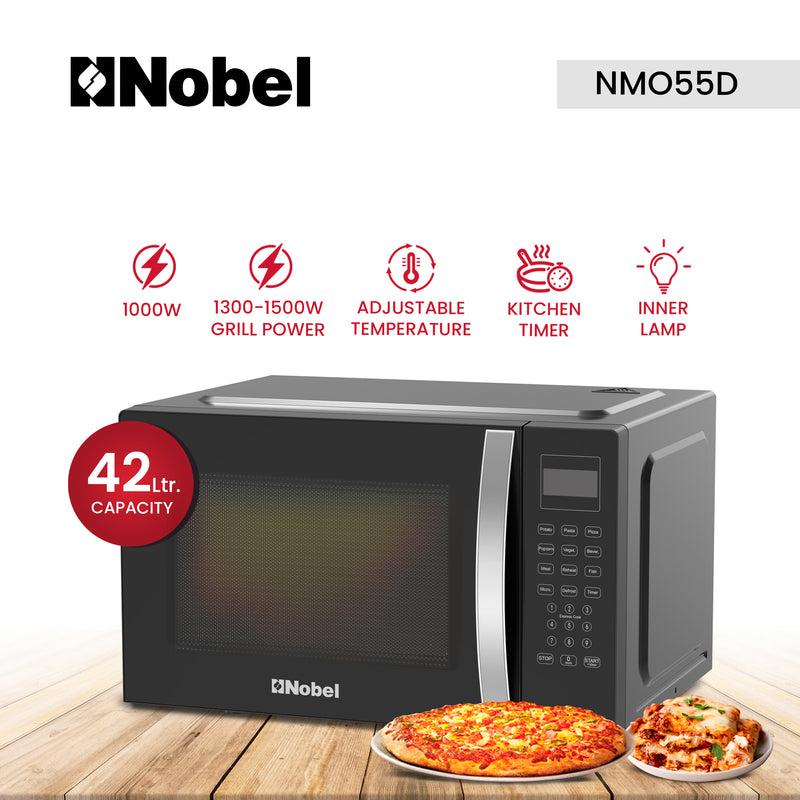 Nobel 42 Liters Capacity Microwave Oven, Membrane Control, Defrost Setting, 8 Auto Menu Cooking, 10 Power Levels, Silver Handle Door Opening with 2 Year Warranty NMO55D Black