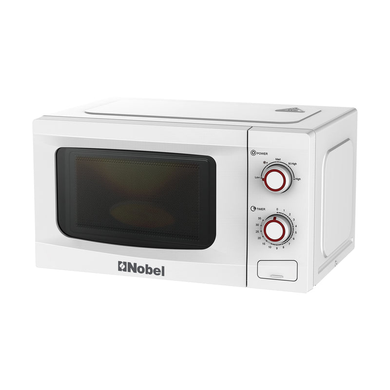 Nobel 20 Liters Capacity Microwave Oven, Knobs Control, Push Button Door Opening, 35mins Setting Time, 5 Power Levels, Cooking End Signal, Defrost Setting with 1Year Warranty NMO22M White
