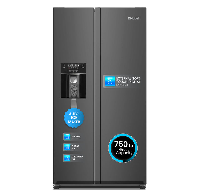 Nobel 750L Gross /501L Net Capacity Side By Side Refrigerator, No Frost, R600a Refrigerant, External Digital Display, LED Lights, Automatic Ice Maker, Super Freeze, Door Alarm, NR800SIM Inox