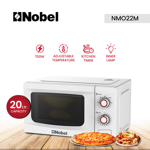 Nobel 20 Liters Capacity Microwave Oven, Knobs Control, Push Button Door Opening, 35mins Setting Time, 5 Power Levels, Cooking End Signal, Defrost Setting with 1Year Warranty NMO22M White