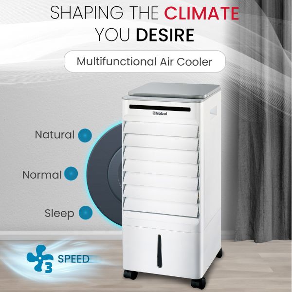 Nobel Air Cooler, 6L Water Tank, 3-Speed, Ionizer, Auto Swing, 7.5H Timer, Efficient Cooling, Purified Air, Swing Oscilations, Compact Design with Remote NAC30R White