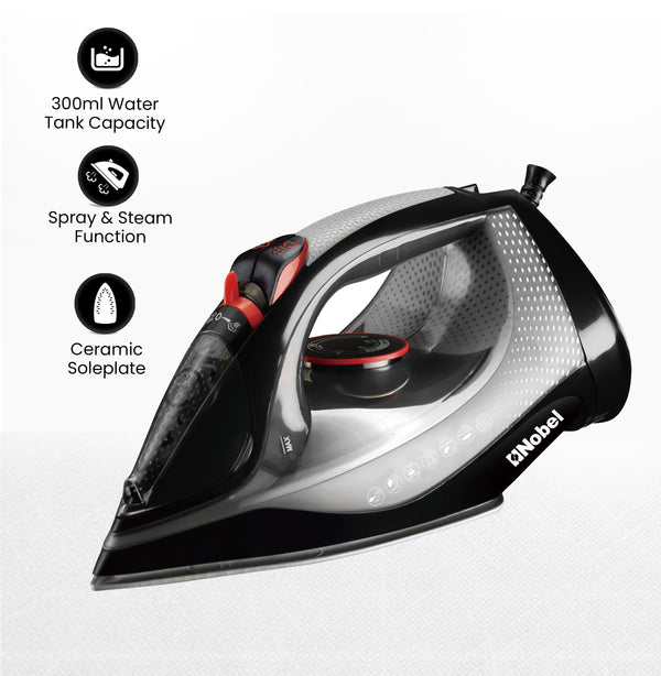 Nobel Steam Iron, Dry Ironing, Spray & Steam Function, Powerful Burst & Vertical Steam, Adjustable Control, 360° Swivel Cord Guard, Overheat Safety, Indicator Light, 300ml Water Tank NSI30 Black