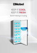 Nobel Single Door Upright Freezer 300 Litres Gross, 235 Litres Net Capcity, Defrost, 7 Drawers, 1 Ice Box, Lock & Key, R600a, 59.6 x 59.5 x 174.4 (W x D x H) cm, Silver, NUF350