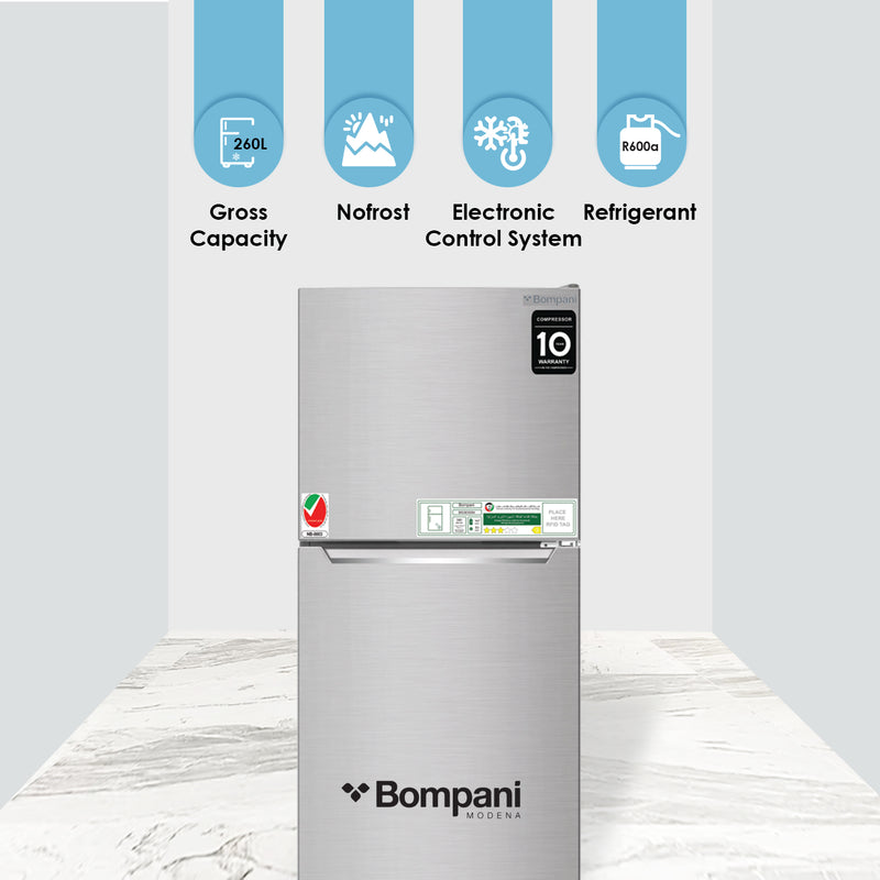 Bompani Double Door Refrigetrators Inox 260 Litres No Frost Recessed Handle R600A Inside Condenser BR265SSN