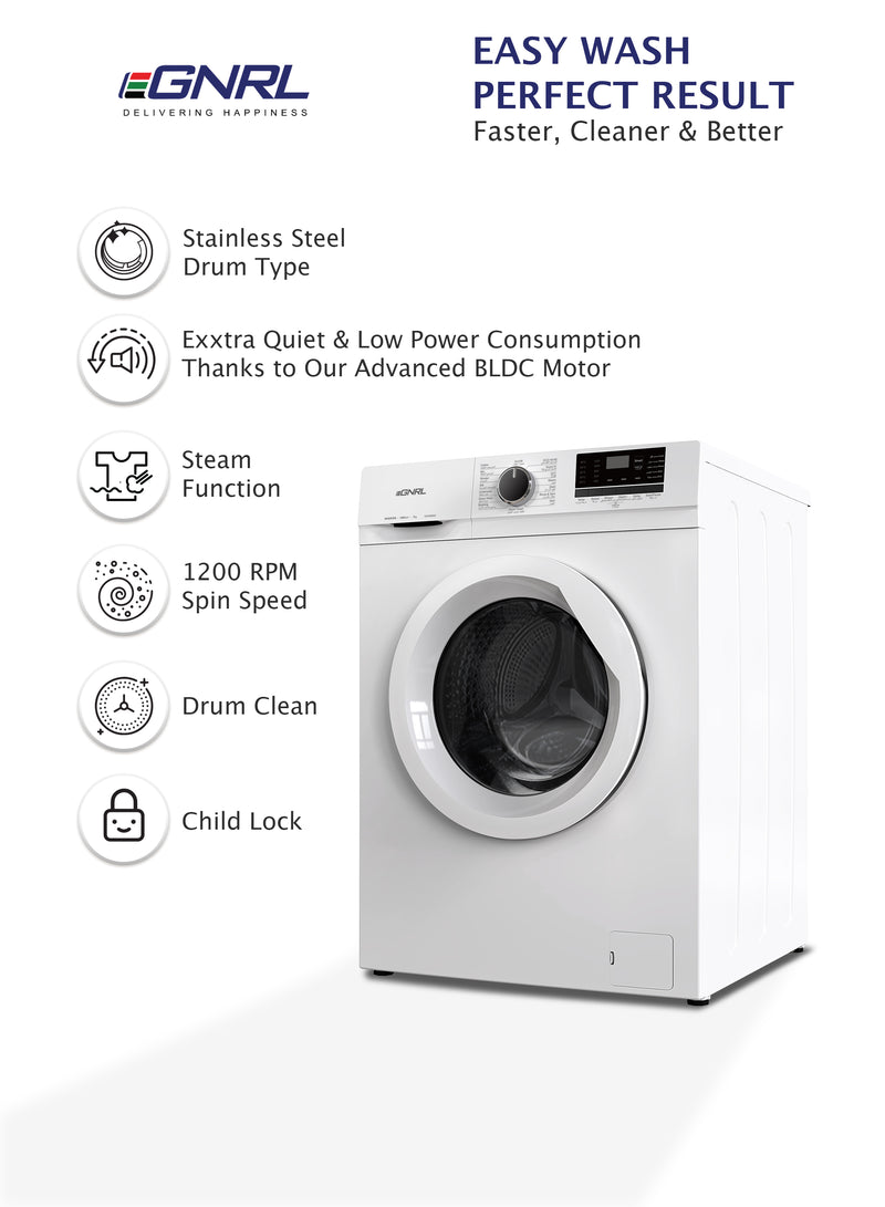 EGNRL EGWM850 2024 Model 7KG Front Load Washing Machine With BLDC Inverter Motor 10 Year Warranty 1200 RPM 16 Program Fully Automatic Washer With Digital Control-LED Display