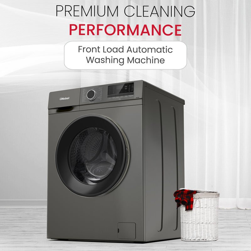 Nobel Dark Silver Front Load Washer: 6 Kg Capacity, 1000 RPM, LED Display, Stainless Steel Drum - Advanced Laundry Excellence at 1950W