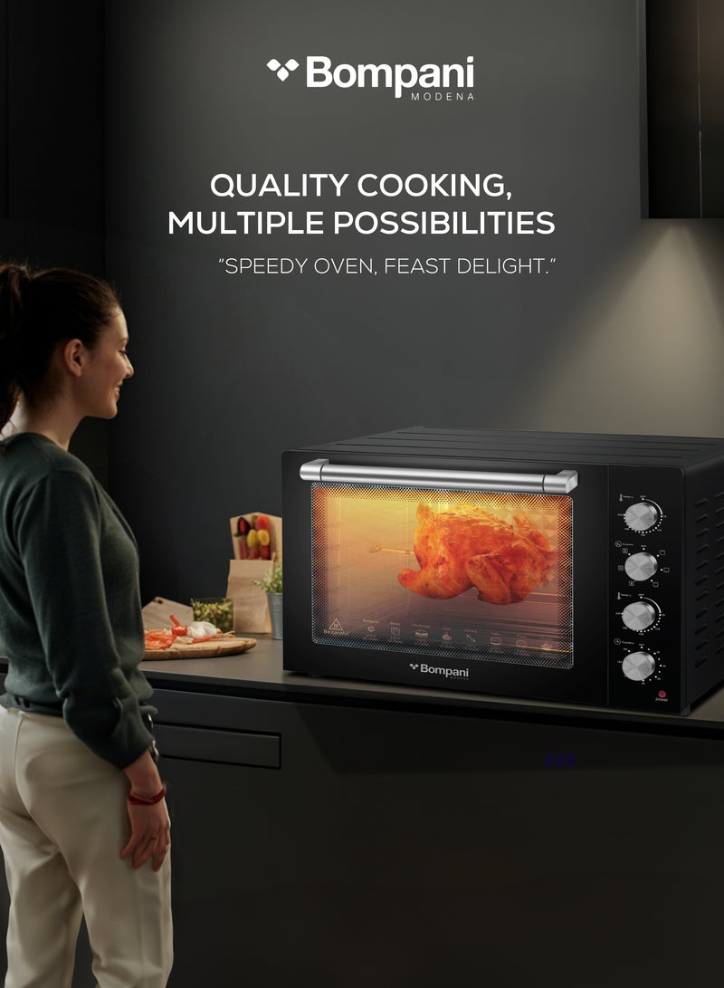 Bompani 100L Electric Oven 2800W Adjustable Thermostat & Timer, Convection, Lamp & Rotisserie, Double Glass Door, 4 Control Knobs, Straight & M-Shape Heating Elements – BEO120