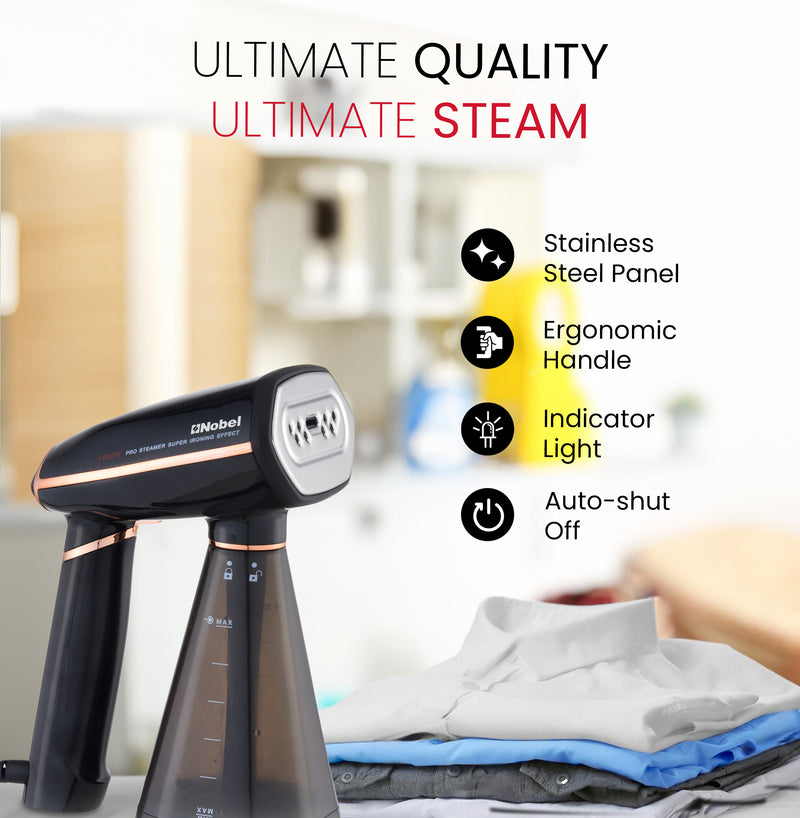 Nobel Steam Iron, Stainless Steel Panel, Detachable Water Tank, Steam Brush, 360° Rotational Swivel Handgrip, Pilot Light, Folded Handle, LED Indicator Lights, Auto-shut Off NSI33 Black