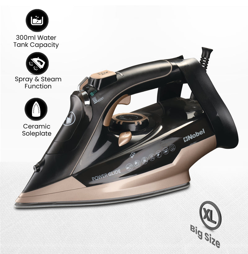 Nobel Steam Iron, Dry Ironing, Spray & Steam, 320ml Ceramic Sole Plate, Self-Cleaning, Powerful Burst & Vertical Steam, Adjustable Control, 360° Swivel Cord, Overheat Safety NSI35 Black