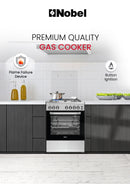 Nobel 60x60 Free Standing Gas Cooker with Gas Oven & Grill – 4 Gas Burners, Full Safety, Mechanical Timer, Rotisserie, Cast-Iron Pan Supports, Stainless Steel Finish – Made in Turkey NGC6062 Silver