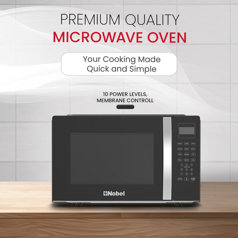 Nobel 42 Liters Capacity Microwave Oven, Membrane Control, Defrost Setting, 8 Auto Menu Cooking, 10 Power Levels, Silver Handle Door Opening with 2 Year Warranty NMO55D Black
