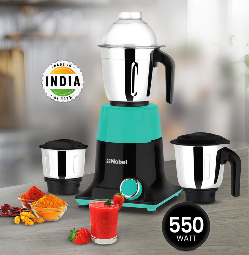 Nobel 3 in 1 Mixer Grinder, Powerful Motor, Wet Grinding Jar, Dry Grinding Jar, Chutney Jar, 3 Speed Control, Pulse Function, Stainless Steel Jars & Blades, Made in India NB301SS