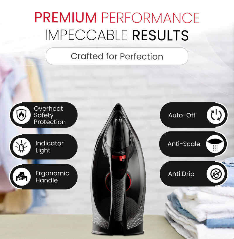 Nobel Steam Iron, Dry Ironing, Spray & Steam Function, Powerful Burst & Vertical Steam, Adjustable Control, 360° Swivel Cord Guard, Overheat Safety, Indicator Light, 300ml Water Tank NSI30 Black