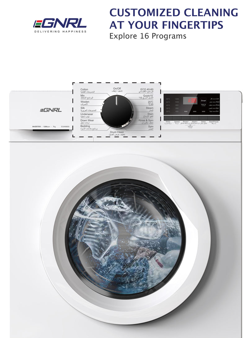 EGNRL EGWM850 2024 Model 7KG Front Load Washing Machine With BLDC Inverter Motor 10 Year Warranty 1200 RPM 16 Program Fully Automatic Washer With Digital Control-LED Display