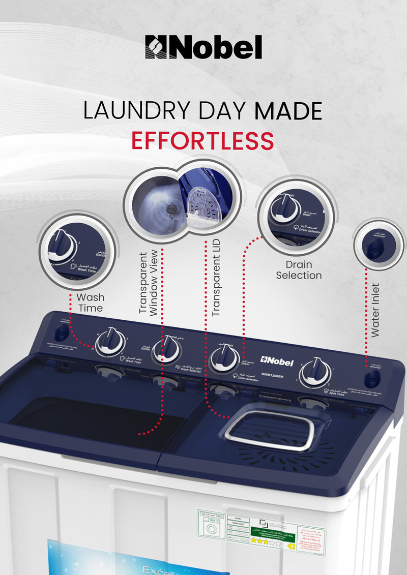 Nobel Semi-Automatic Washers Twin Tub White 10 Kgs/ 5.5 Kgs NWM1200RH