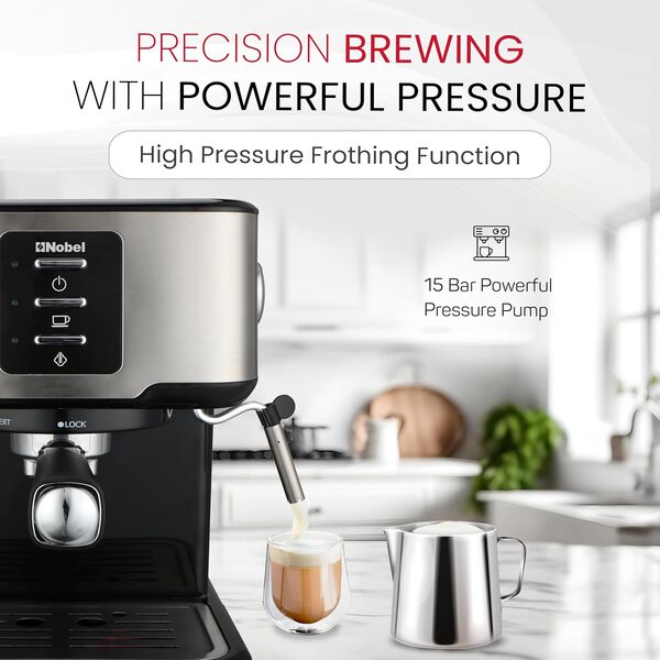 Nobel Coffee Machine, 1.5L Detachable Water Tank, Dual Stainless Steel Filter, 15 Bar Pressure Pump, High Pressure Frothing, Overheat Protection, Adjustable Steam Knob NCM21 Black