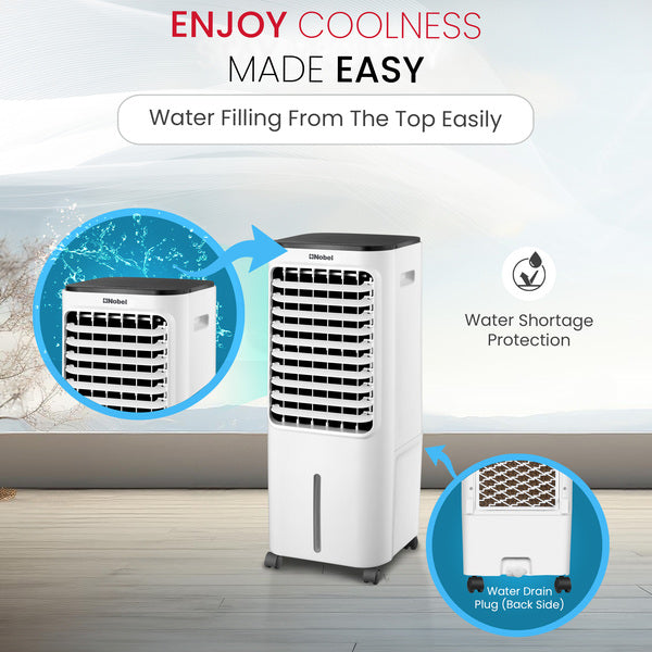 Nobel Air Cooler, 12L Water Tank, 3-Speed, Ionizer, Remote Control, Auto Swing, 7.5H Timer, Honeycomb Cooling Pads,Tubular Flow Fan with Water Shortage Protection NAC40R White