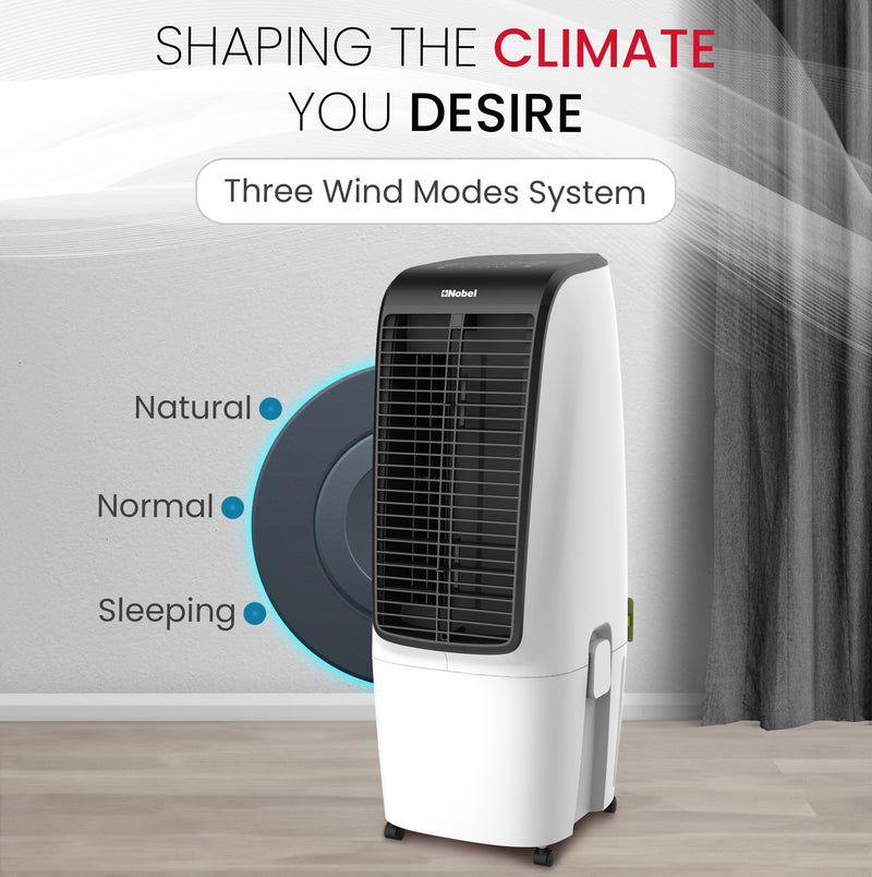 Nobel Air Cooler, 20L Capacity, Detachable Water Tank, 3 Wind Modes, 4 Wind Speeds, Touch & Remote Control, Honeycomb Filter, Automatic Shutdown, Silent Operation (110W) NAC400 White