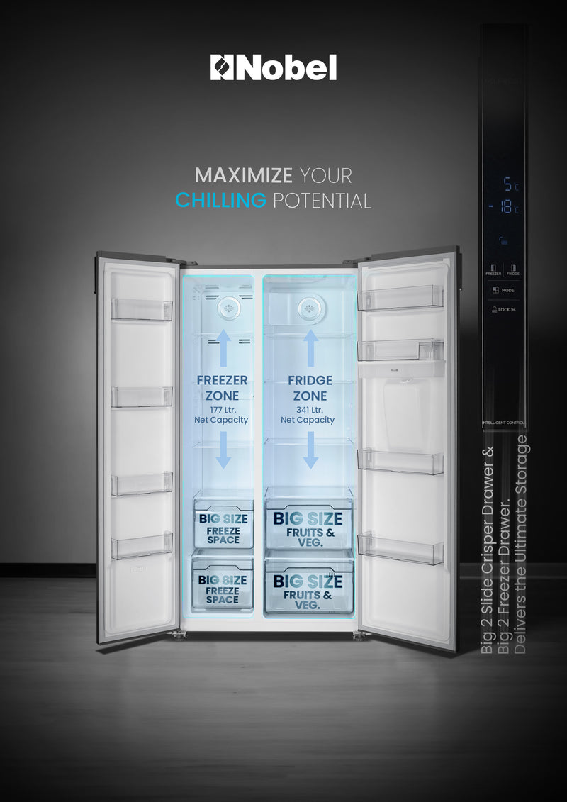 Nobel 700L Gross / 518 Capacity Side by Side Refrigerator, NoFrost, External Handle with Water Dispenser, LED Light, Twist Ice Maker, Digital Display,Interior Lights, Automatic NR620WDI Silver