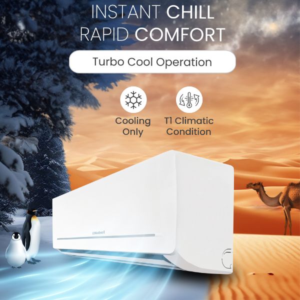 Nobel Split Air Conditioner 12000 Btu/h Capacity, Cooling Only, Rotary Compressor, Auto Restart, 4-Way Airflow, Goldin Fin, Turbo Operation, Hidden LED Display, R410A Refrigerant - NSAC12C1 white