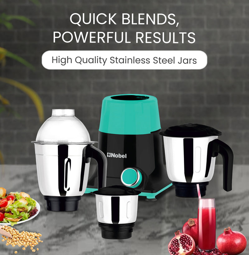 Nobel 3 in 1 Mixer Grinder, Powerful Motor, Wet Grinding Jar, Dry Grinding Jar, Chutney Jar, 3 Speed Control, Pulse Function, Stainless Steel Jars & Blades, Made in India NB301SS