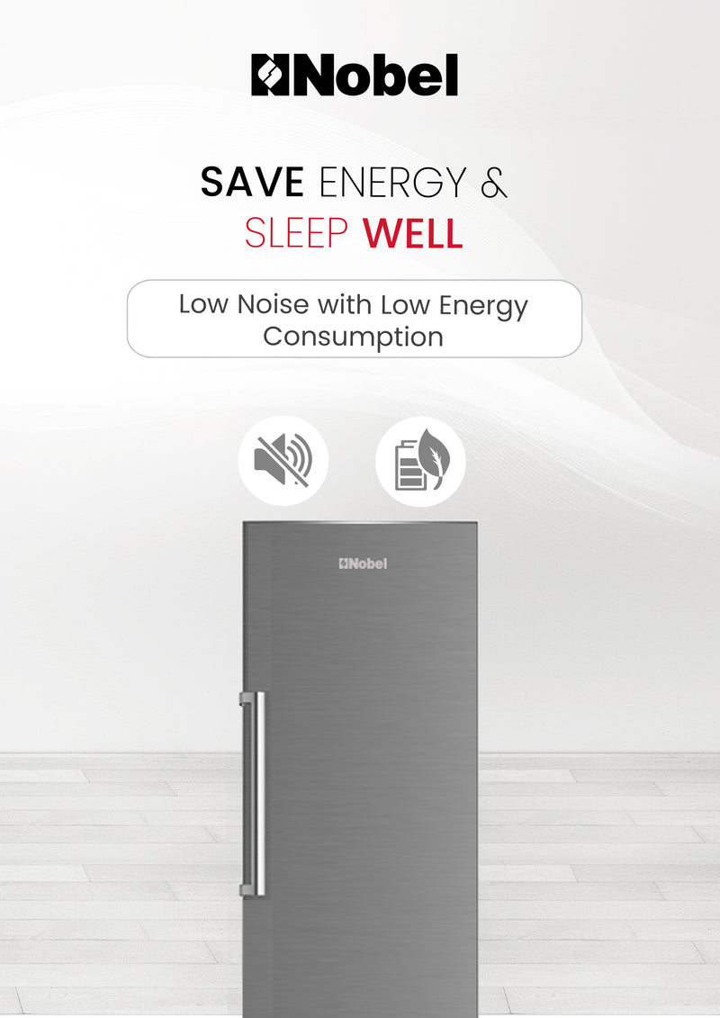 Nobel Single Door Upright Freezer 300 Litres Gross, 235 Litres Net Capcity, Defrost, 7 Drawers, 1 Ice Box, Lock & Key, R600a, 59.6 x 59.5 x 174.4 (W x D x H) cm, Silver, NUF350