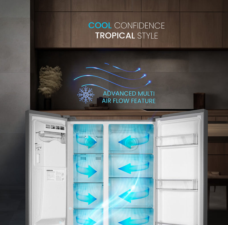 Nobel 750L Gross /501L Net Capacity Side By Side Refrigerator, No Frost, R600a Refrigerant, External Digital Display, LED Lights, Automatic Ice Maker, Super Freeze, Door Alarm, NR800SIM Inox