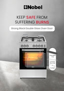 Nobel 60x60 Free Standing Gas Cooker with Gas Oven & Grill – 4 Gas Burners, Full Safety, Mechanical Timer, Rotisserie, Cast-Iron Pan Supports, Stainless Steel Finish – Made in Turkey NGC6062 Silver