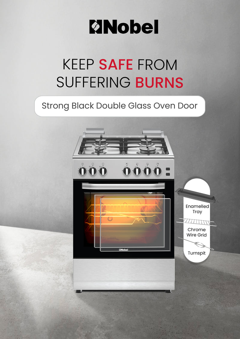 Nobel 60x60 Free Standing Gas Cooker with Gas Oven & Grill – 4 Gas Burners, Full Safety, Mechanical Timer, Rotisserie, Cast-Iron Pan Supports, Stainless Steel Finish – Made in Turkey NGC6062 Silver