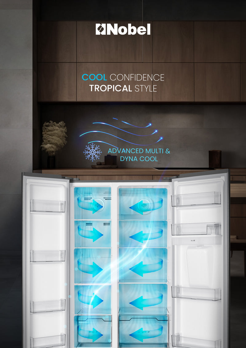 Nobel 700L Gross / 518 Capacity Side by Side Refrigerator, NoFrost, External Handle with Water Dispenser, LED Light, Twist Ice Maker, Digital Display,Interior Lights, Automatic NR620WDI Silver