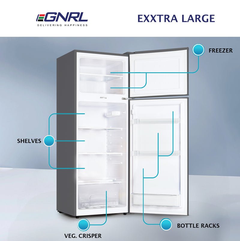 EGNRL EGR225S Double Door Refrigerator 225 Liters Gross Capacity Defrost Recessed Handle R600A Inside Condenser Dark Silver