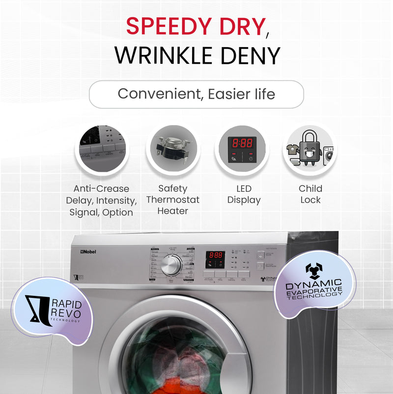 Nobel Dryer White 7 Kg 2000w Drum Type Led Display Push And Knob Control ND7200S