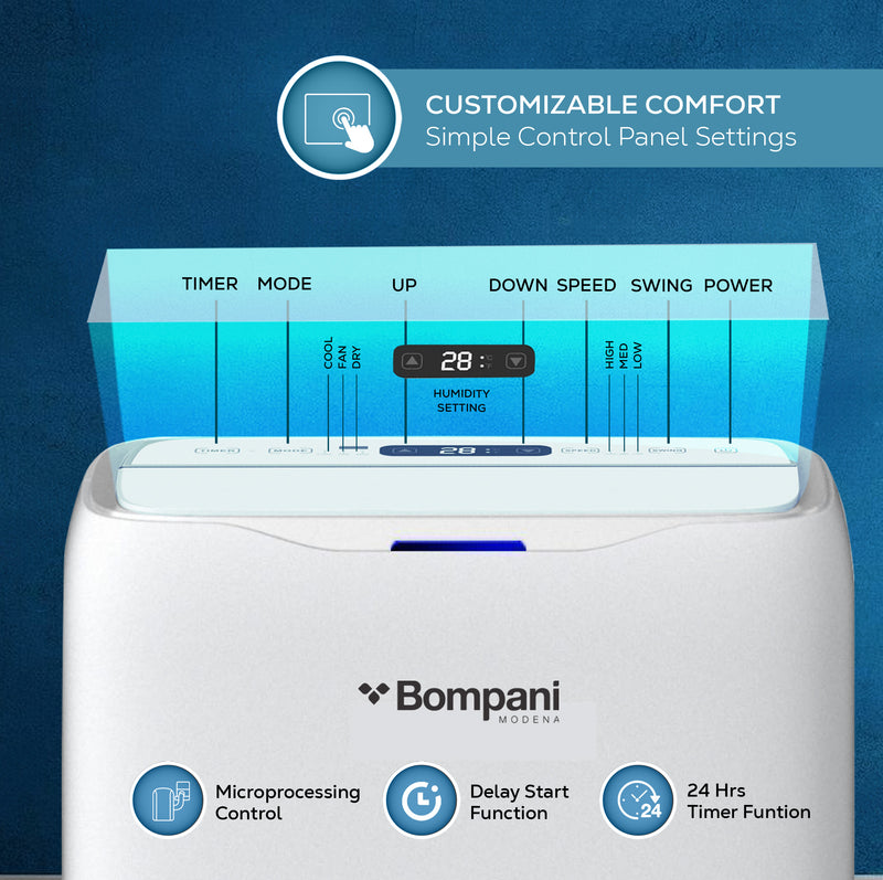 Bompani 16000 BTU Portable Air Conditioner with Overload Protection, Self Diagnosis, Quick Humidity Extraction, Replaceable Air Filter, 24-Hour Timer, 1 Year Manufacturer Warranty - BO1600 White