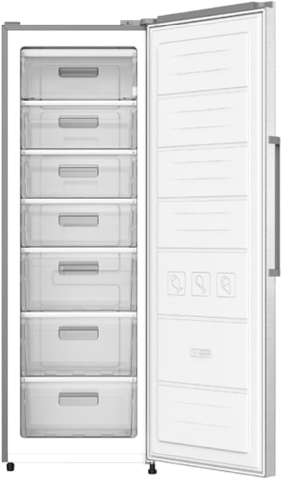 Nobel Single Door Upright Freezer 300 Litres Gross, 235 Litres Net Capcity, Defrost, 7 Drawers, 1 Ice Box, Lock & Key, R600a, 59.6 x 59.5 x 174.4 (W x D x H) cm, Silver, NUF350