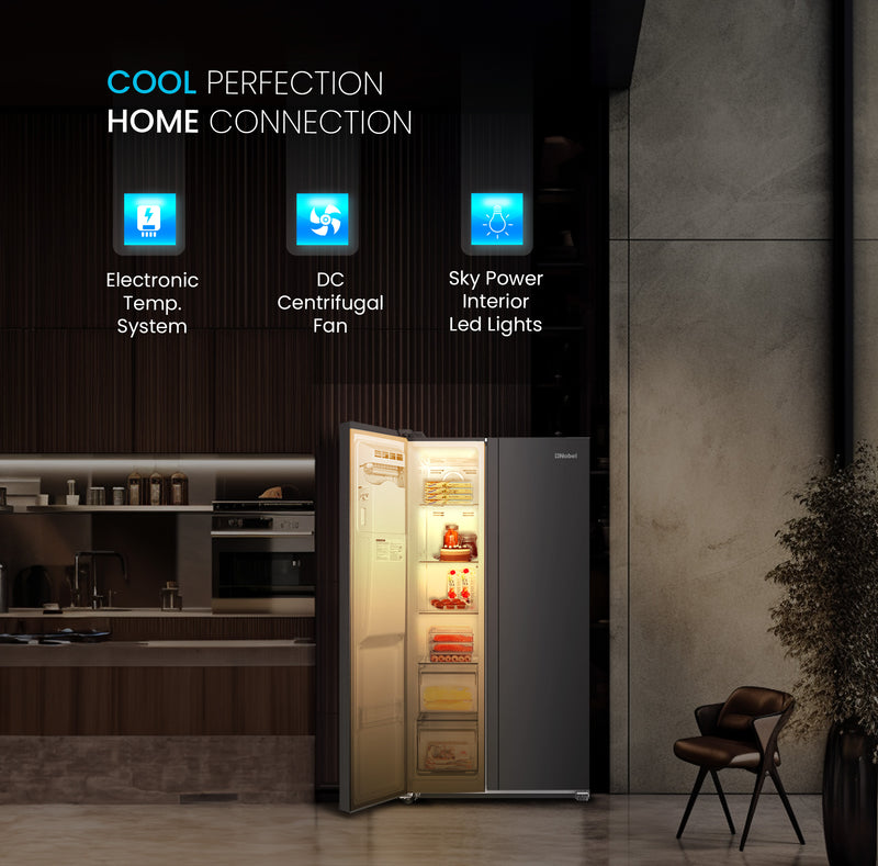 Nobel 750L Gross /501L Net Capacity Side By Side Refrigerator, No Frost, R600a Refrigerant, External Digital Display, LED Lights, Automatic Ice Maker, Super Freeze, Door Alarm, NR800SIM Inox