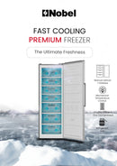 Nobel Single Door Upright Freezer 300 Litres Gross, 235 Litres Net Capcity, Defrost, 7 Drawers, 1 Ice Box, Lock & Key, R600a, 59.6 x 59.5 x 174.4 (W x D x H) cm, Silver, NUF350