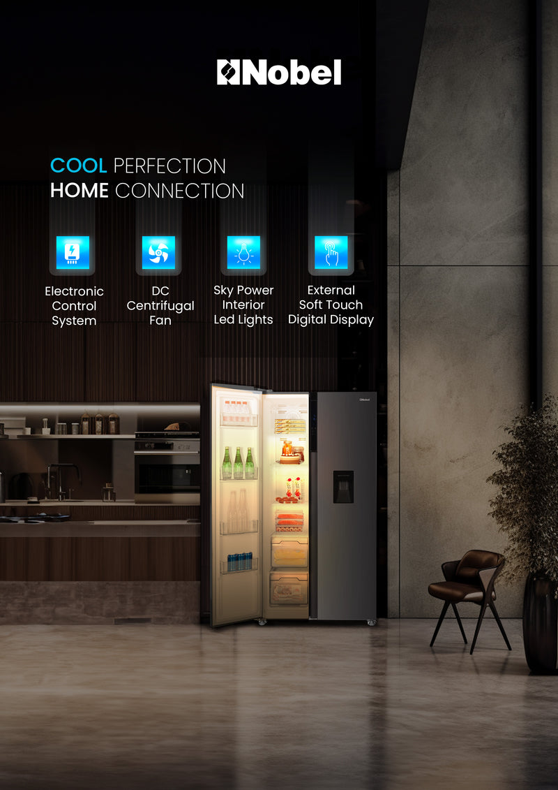 Nobel 700L Gross / 518 Capacity Side by Side Refrigerator, NoFrost, External Handle with Water Dispenser, LED Light, Twist Ice Maker, Digital Display,Interior Lights, Automatic NR620WDI Silver