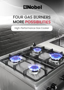 Nobel 60x60 Free Standing Gas Cooker with Gas Oven & Grill – 4 Gas Burners, Full Safety, Mechanical Timer, Rotisserie, Cast-Iron Pan Supports, Stainless Steel Finish – Made in Turkey NGC6062 Silver