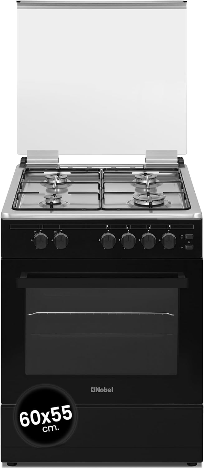 Nobel 60 x 55 Gas Cooker, 4 Gas Burner, Gas Oven & Gas Grill, 6 Knob, Manual Button Ignition, Glass Lid, 59.8 x 56.7 x 86 cm, Black, Made In Turkey NGC7407BK