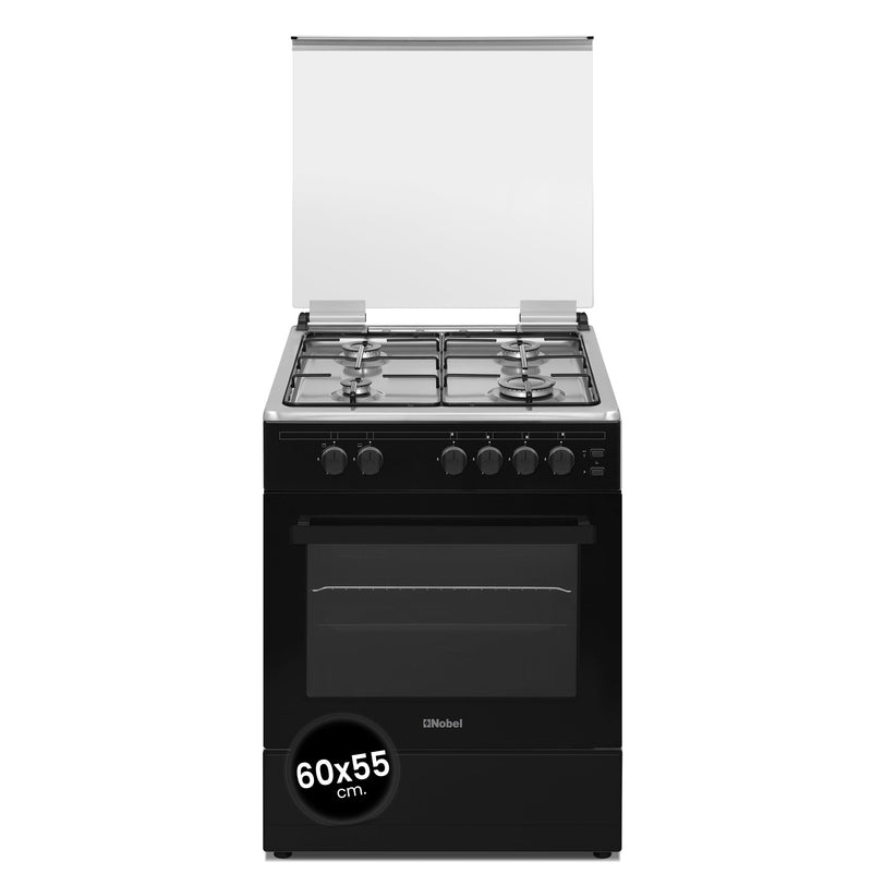 Nobel 60 x 55 Gas Cooker, 4 Gas Burner, Gas Oven & Gas Grill, 6 Knob, Manual Button Ignition, Glass Lid, 59.8 x 56.7 x 86 cm, Black, Made In Turkey NGC7407BK